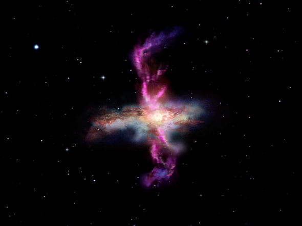 这是一幅效果图，展示一个拥有剧烈星系风暴的星系
