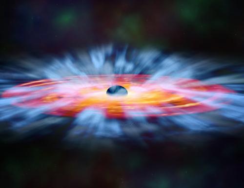 这是一张示意图，可以看到大量气体物质围绕黑洞作剧烈旋转运动，大量物质被吸入黑洞，但是也有一些气体团块被巨大的离心力甩出去，就像从黑洞发出的大量“子弹”