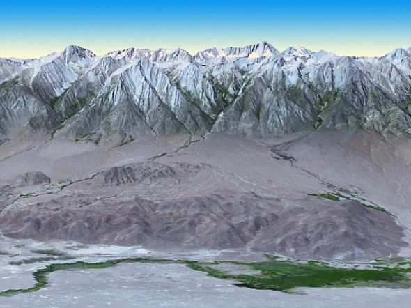 加利福尼亚惠特尼山;这张3D图是利用美国宇航局“大地”卫星上的ASTER相机拍摄的图片合成的。3D效果是利用两张略有偏移的图像制成的“立体像对”生成的 加利福尼亚惠特尼山;这张3D图是利用美国宇航局“大地”卫星上的ASTER相机拍摄的图片合成的。3D效果是利用两张略有偏移的图像制成的“立体像对”生成的