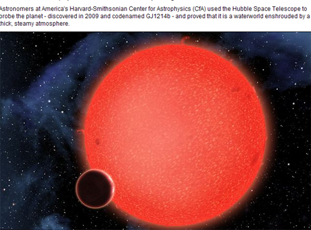 画家描绘出的GJ1214b行星和其围绕的红矮星网页截图