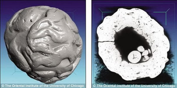 图中显示CT扫描黏土球，其内部包含的“代币”