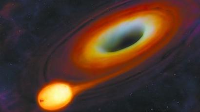 这颗被黑洞吞噬的恒星100%的质量转换成能量，以X射线的形式辐射艺术想像图。