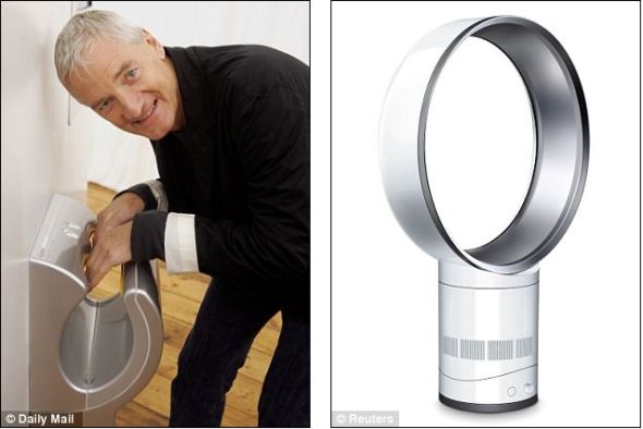 左图中,詹姆斯爵士测试自家公司的干手机Dyson Airblade。右图展现了戴森公司的无叶风扇Dyson Air Multiplier 左图中,詹姆斯爵士测试自家公司的干手机Dyson Airblade。右图展现了戴森公司的无叶风扇Dyson Air Multiplier